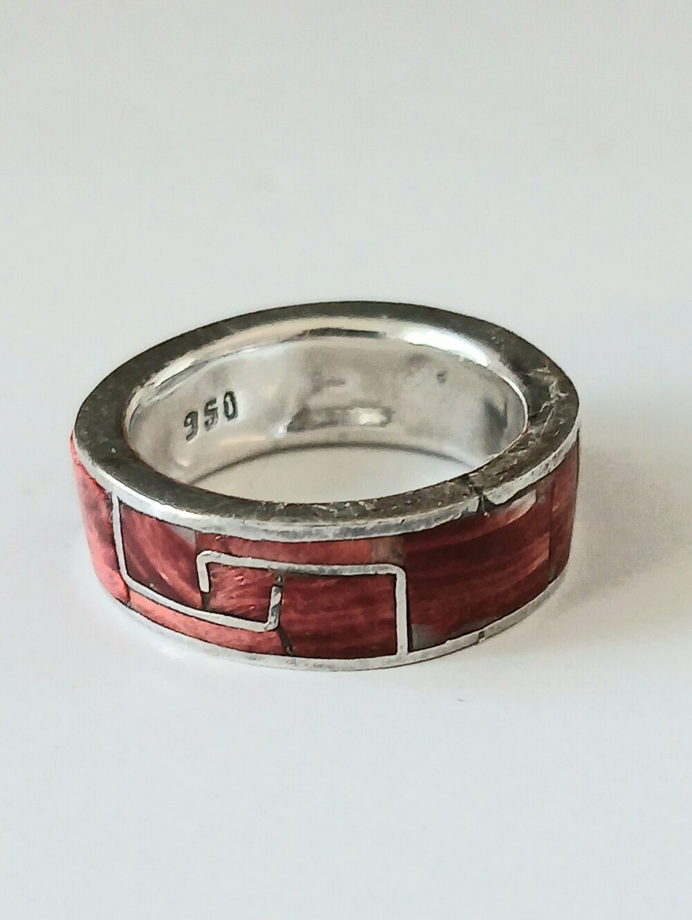Vtg 950 Fine Silver Inlay Band Ring-Red Spondylus Shell Geometric Pattern 6.5/7